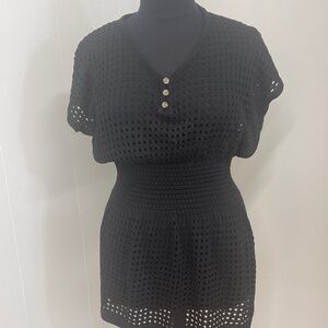 Black Crochet Knit Mini Dress Cover Up Size XL Short Sleeve Button Front